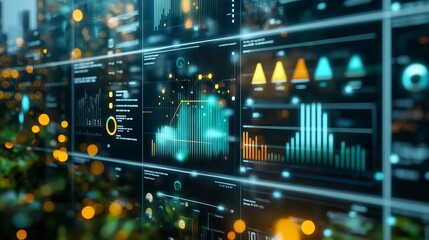 Graph or data analysis on holographic screen with blue information on dark background close up
