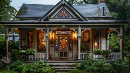 Obraz premium Vintage Style Home Entry with Stained Glass Door and Traditional Porch