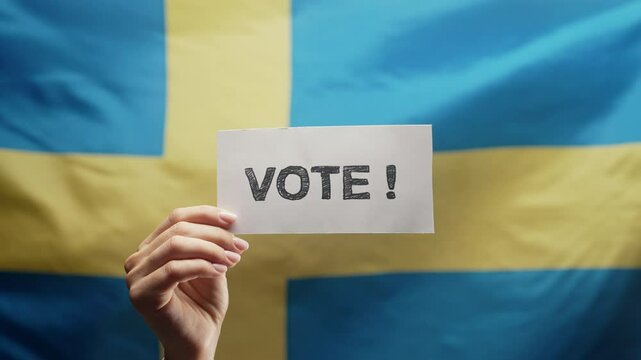 Woman holding title sign with text Vote on swedish flag background. General elections in Sweden, prime minister, citizen duty