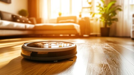 Obraz premium Robotic Vacuum Cleaner on Hardwood Floor in a Sunlit Living Room