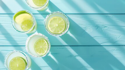 Top view of refreshing lemon drinks on a blue wooden table with sunlight casting graceful shadows, creating a summery and vibrant atmosphere.
