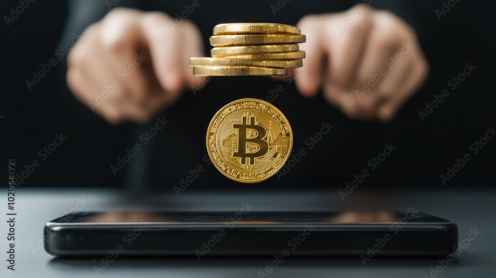 Poster Gold Bitcoin Coin Hovering Above a Smartphone