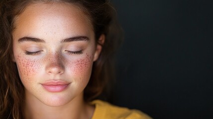 Fototapeta premium Close-up of young woman with freckles, closed eyes, peaceful expression, soft lighting, natural beauty, minimalism, dark background, calm mood, beauty details, copy space for text.
