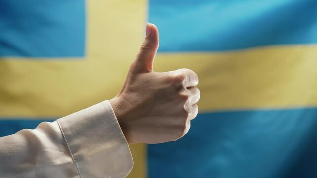 Woman Makes Hand Sign Like, Thumb Up Gesture on swedish flag background. Sweden, correct Perfect Choice, Great Deal