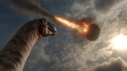 Extinction event: the dramatic fall of an asteroid and its fragments, capturing the moment of impact as dinosaurs face the catastrophic force that forever changes the course of Earth's history.