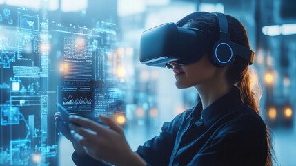 Woman wears VR goggles, interacting with holographic digital interfaces, showcasing advancements in virtual reality technology.