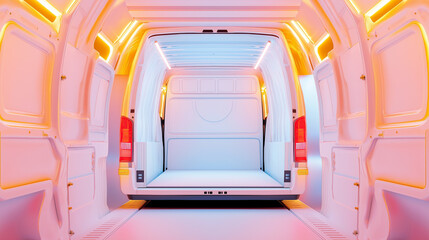 The open back of a white van with neon lights in a pink and yellow setting.