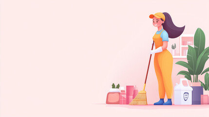 Obraz premium Smiling woman in overalls sweeps the floor with a broom.