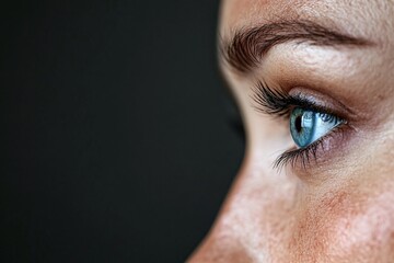 Side view of woman’s blue eye, extreme close-up, freckled skin, minimalistic portrait, dark background, beauty details, soft focus, natural lighting, copy space for text.

