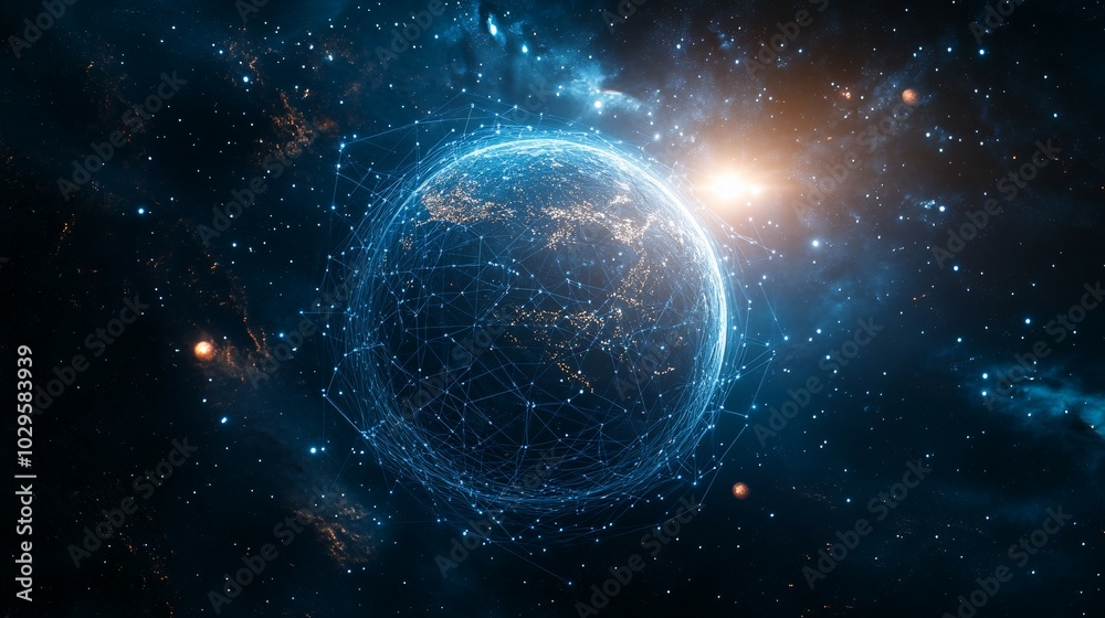 Wall mural earth with a glowing network of connections in space