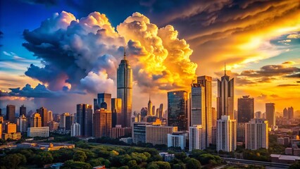 Obraz premium Stunning City Skyline with Dramatic Cloud Background for Urban Landscape Photography
