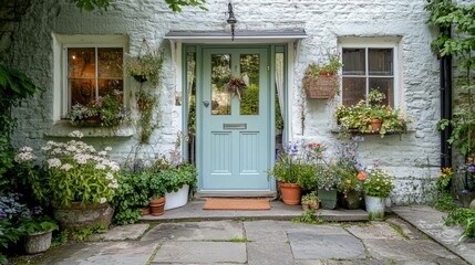Fototapeta premium Charming Bed and Breakfast Entrance with the Owner Warmly Welcoming Guests