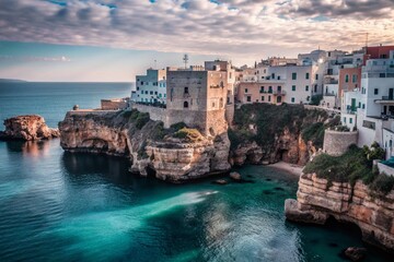 Fototapeta premium Stunning Cliffs of Polignano a Mare on a Sunny Day in Puglia, Italy - Breathtaking Views and Coastal