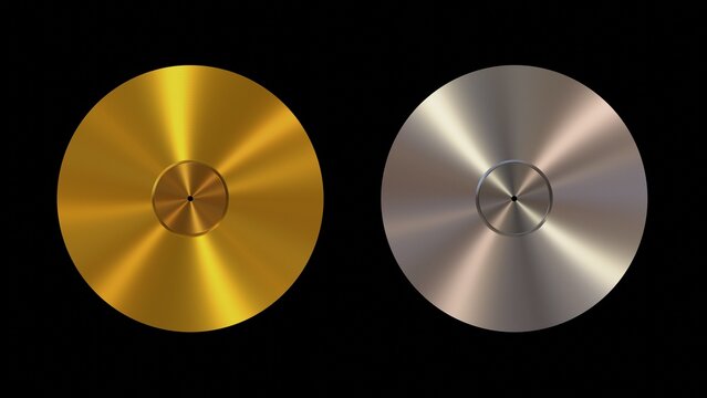 The gold and silver vinyl LP record texture is created by 3D modeling, with anisotropic reflection and bump and dip materials on deep black background.