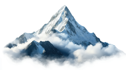 A majestic snowy mountain peak rising above fluffy clouds, showcasing natural beauty and serenity in a breathtaking alpine landscape.
