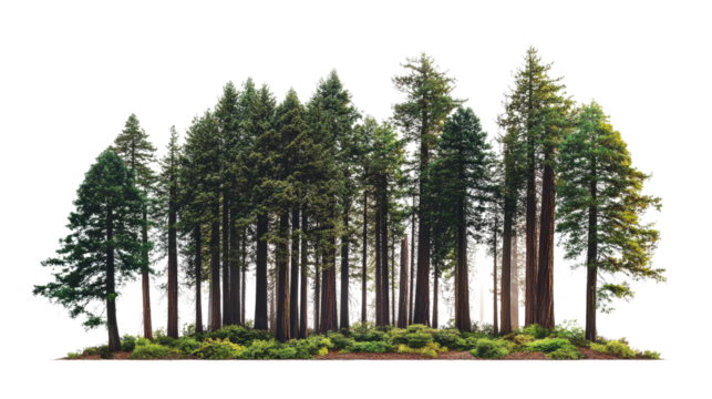 A dense forest of towering evergreen trees with lush greenery, capturing the essence of nature's tranquility and wilderness.