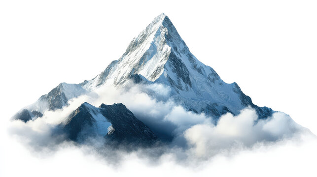 A majestic snowy mountain peak rising above fluffy clouds, showcasing natural beauty and serenity in a breathtaking alpine landscape.