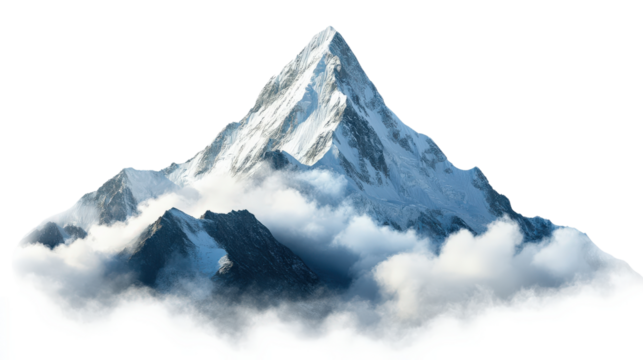 A majestic snowy mountain peak rising above fluffy clouds, showcasing natural beauty and serenity in a breathtaking alpine landscape.