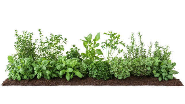A row of fresh green herbs growing in soil, perfect for a kitchen garden or culinary inspiration. Lush and vibrant with natural beauty.