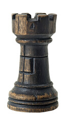 Close-up of a wooden chess rook piece, showcasing intricate craftsmanship and texture, isolated on a white background.