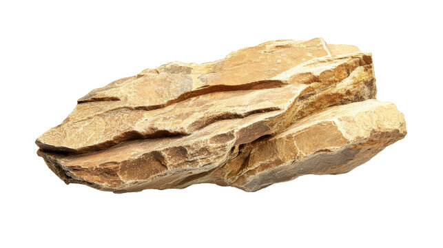 Close-up of a textured sedimentary rock specimen with layered formations, isolated on a white background, showcasing natural geological details.