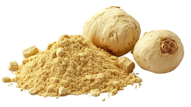 Close-up of maca root powder and whole roots on a white background, showcasing its raw, organic texture and use in natural health products.