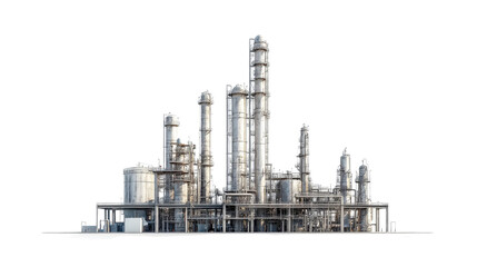Obraz premium Industrial refinery plant with intricate network of pipes and towers against clear sky, showcasing modern manufacturing infrastructure.
