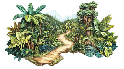 Fototapeta premium Lush tropical forest with a winding path, surrounded by dense greenery and vibrant plant life, inviting exploration and adventure.