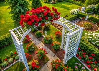 Stunning Drone Photography of White Arbor Surrounded by Vibrant Red Roses in a Lush Garden Setting