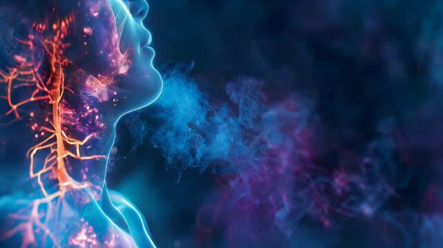 Asthma: The Shortness of Breath and Wheezing - Visualize a person with highlighted airways showing inflammation, experiencing shortness of breath and wheezing