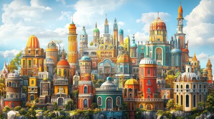 Obraz premium A vibrant, whimsical cityscape with a variety of colorful buildings and towers, all built in a unique and fantastical style, against a backdrop of a clear blue sky with fluffy white clouds.