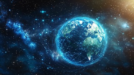 Obraz premium Earth Connected by a Network of Lines and Nodes in Space