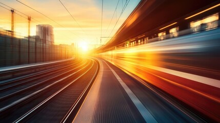 A speeding train captured during sunset at a modern station, symbolizing travel and urban movement. High resolution illustration