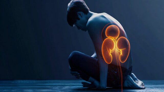 Chronic Kidney Disease (CKD): The Fatigue and Swelling - Visualize a person with highlighted kidneys showing dysfunction, experiencing fatigue and swelling