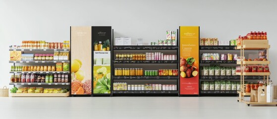 Supermarket shelves mockup with shelf talkers
