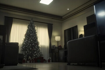 A cozy living room decorated for the holidays, featuring a beautifully lit Christmas tree during the evening hours