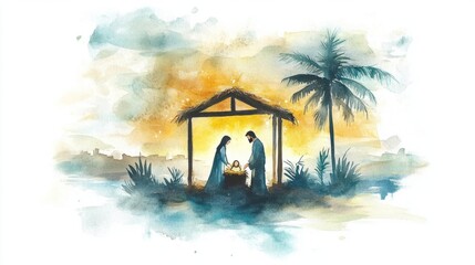 Watercolor painting representing Nativity scene in Bethlehem. Christmas scene illustration showing holy family baby Jesus in the manger Joseph and Mary