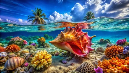 Stunning High Dynamic Range of Polynesian Conch Marine Life in Vibrant Underwater Ecosystem