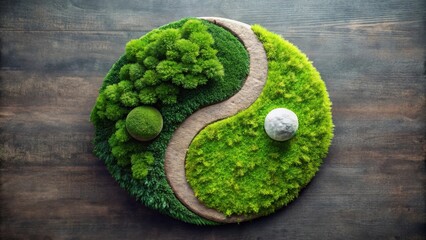 A moss-covered Yin Yang symbol, representing balance and harmony, rests on a wooden background.