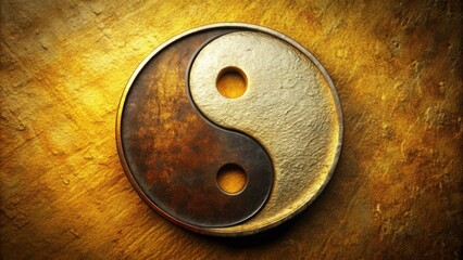 A yin yang symbol, a representation of balance and harmony, in a contrasting design with dark and light, and a metallic finish.