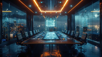 Futuristic Boardroom with Cityscape View
