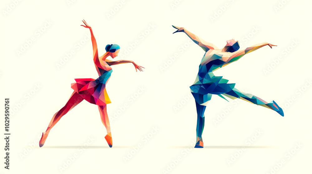 Wall mural two stylized ballet dancers in colorful outfits performing fluid movements on a soft, neutral backgr