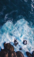 Aerial View of Turquoise Waves Crashing Against Rocky Shoreline