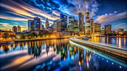 Obraz premium Stunning Long Exposure Panorama of a Vibrant City Skyline at Night with Light Trails and Reflections