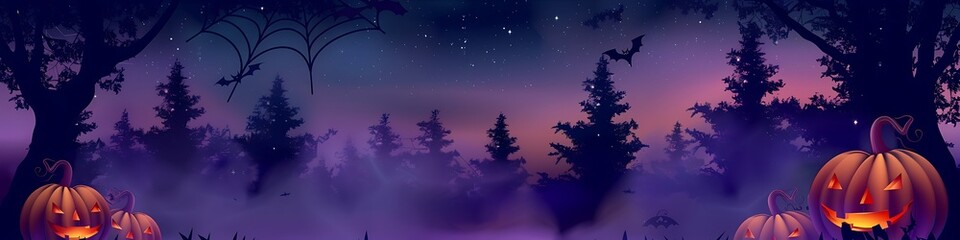 Naklejka premium Halloween scene, pumpkins, dark trees, fog, night sky, purple theme, large top left copy space, detailed vector art.