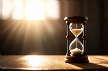 There is an hourglass on a wooden table