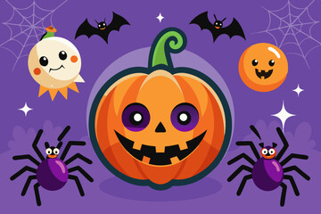 Halloween party icon set. pumpkin with face, bat and spider.