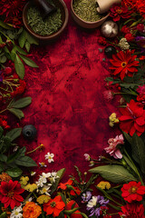 Top down view of a red-painted background with herbs and flowers around the edges