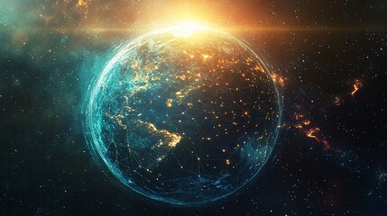 Fototapeta premium Earth Illuminated with a Network of Connections Surrounded by Stars