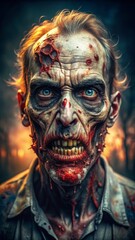 Obraz premium A close-up shot of a zombie's face, showing the gruesome details of its undead transformation. The image captures the horror and intensity of a zombie apocalypse.
